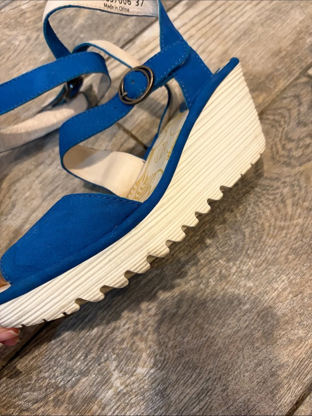 Fly London Yesk Blue Wedge Sandals with Ankle Strap size 37 US 6-6.5